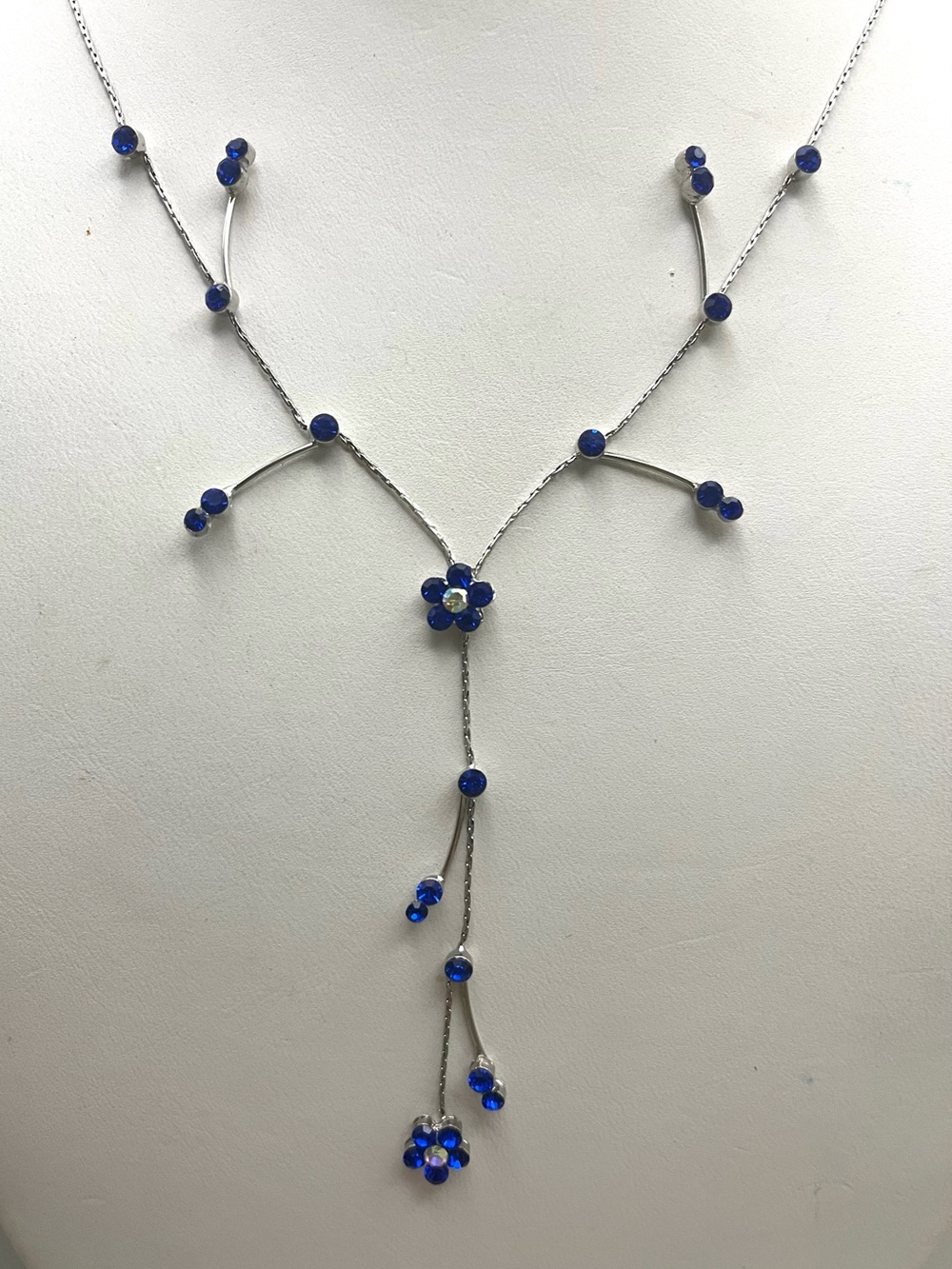Vintage Y2K Blue Crystal Flower Y Necklace Silver Tone Lariat Branch Vine